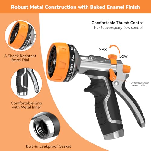 Garden Hose Nozzle, Heavy Duty Metal Water Hose Nozzle with 8 Adjustable Spray Patterns, High Pressure Hand Sprayer with Flow Control for for Garden Watering, Car & Pet Washing - color: Orange