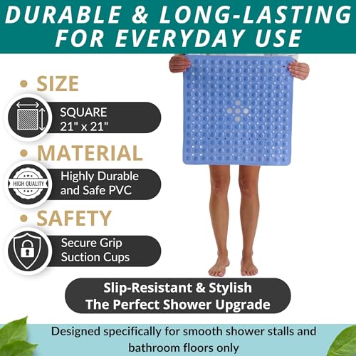 ENKOSI Square Shower Mat – 21 x 21 Inch Non-Slip Bathroom Shower Stall Mat with Suction Cups and Drain Holes – Anti-Slip Bathtub Shower Mats for Inside Shower (21x21 Aqua Blue) - color: Aqua Blue