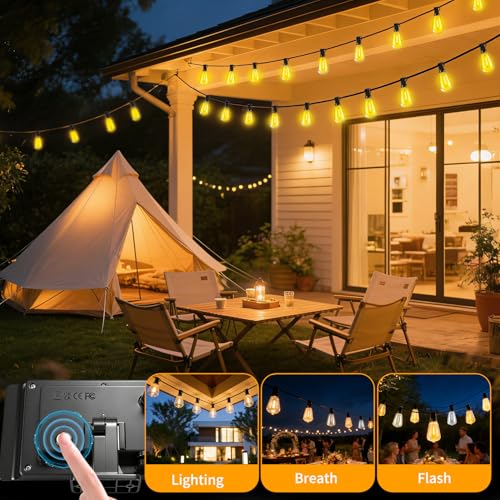 Solar Lights Outdoor 33FT, Dimmable Remote Control Patio Lights | Waterproof Solar Light with 11 ST38 Shatterproof Bulbs, Solar Powered & USB Charging, 3 Light Modes, Camping Backyard Garden - size: 10M-33FT