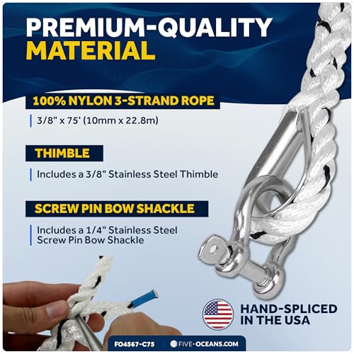 Five Oceans Anchor Line 3/8" x 75', Anchor Rope Line, Marine Premium 3-Strand White Nylon Boat Anchor Rope - Stainless Steel Thimble and Shackle, Ideal for Mooring Anchoring Towing - FO4567-C75 - style: 3/8 inch x 75 ft