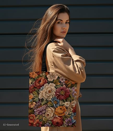 Aesthetic Floral Canvas Tote Bag - Reusable Shoulder Tote Bag for Women Lady Casual Vacation, Shopping, Work, Gym - color: Botanical01
