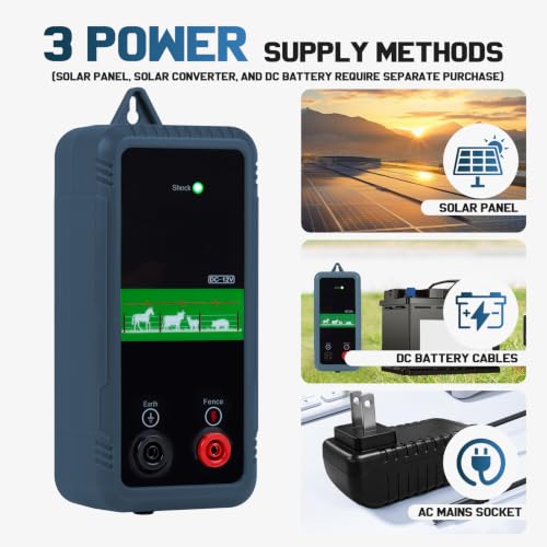 5Miles/ 8KM Electric Fence Charger, 1J Energy Output 10KV Voltage, AC DC Electric Fence Charger for Preventing Wild Animals Intruding Great for Gardens, Poultry, ‌Front Yard