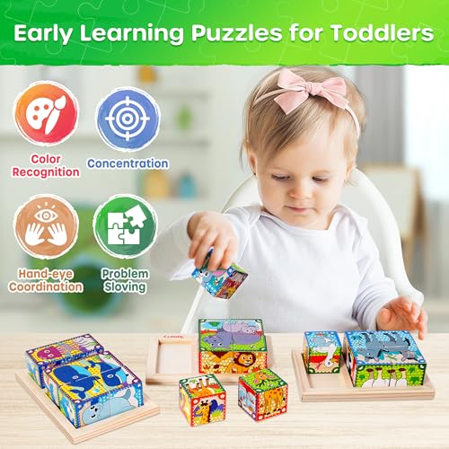 SYNARRY Wooden Puzzles for Toddlers 2-4, Farm Jungle Ocean Animals Puzzles for Kids Ages 3-5, Wooden Cube Puzzle with Storage Tray, Large Block Montessori Toys for 2 3 4 Year Old, Gifts for Kids