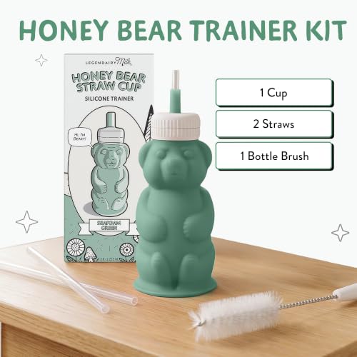 Legendairy Milk Honey Bear Silicone Straw Sippy Cup, Green, 8 oz, 4+ Months | Helps with bottle-to-cup transitions; liquid never touches plastic. BPA- and phthalate-free, dishwasher safe, brush included. - color: Seafoam Green V2