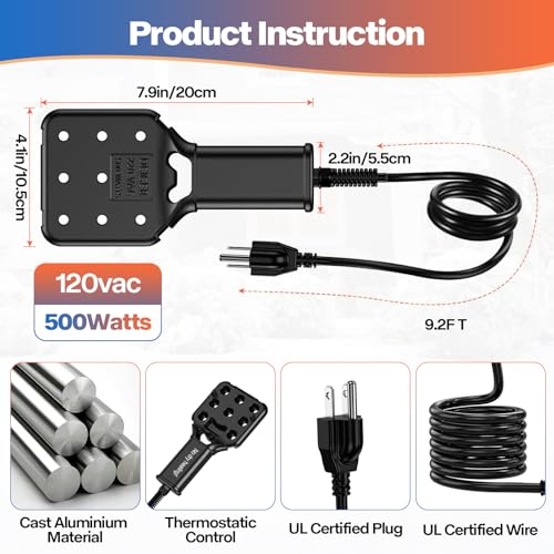 120V 500W Pond De-Icer and Chicken Water Heater for Livestock Tank Heater, Featuring Power-Off Protection, Overheating Protection, GFCI Plug & 9.2FT UL Approved Cord - size: 500 Watt