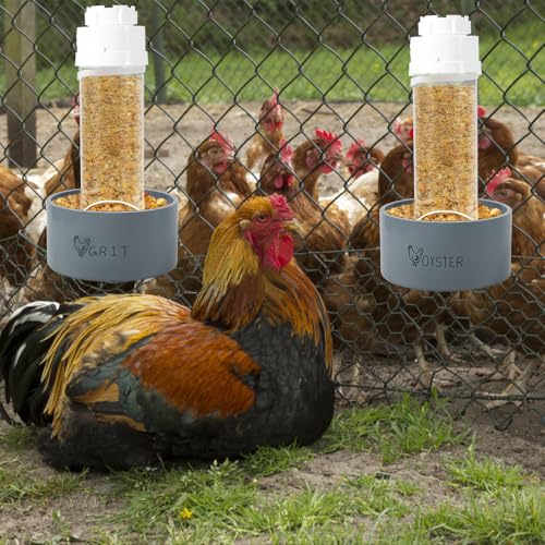 Kalekey 2 Pack Transparent PVC Chicken Feeder, Oyster Shell and Grit Feeder Hanging Ground Chicken Coop Feeder with Hanging Hook for Hens & Chicks (Grey) - color: Gray
