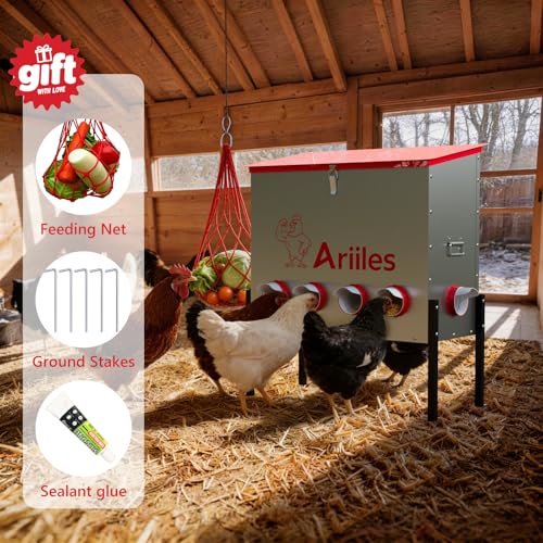 Automatic Chicken Feeder, Metal Poultry Feeder, Chicken Feeders | 100LB Poultry Feeder With Stand & 10 Ports. Includes Bonus Vegetable Net, Feeder Sealant And Anchor Stakes For Chicken. - size: 100 LB