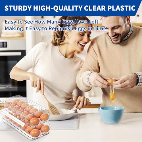 MesRosa Egg Holder for Fridge, Automatic Rolling Egg Organizer -2 Layer | Stackable Clear Egg Container & Tray for Refrigerator, Durable Dispenser and Storage with Sturdy Lid to Saving Space - size: 2 Layer Holder 28 Eggs