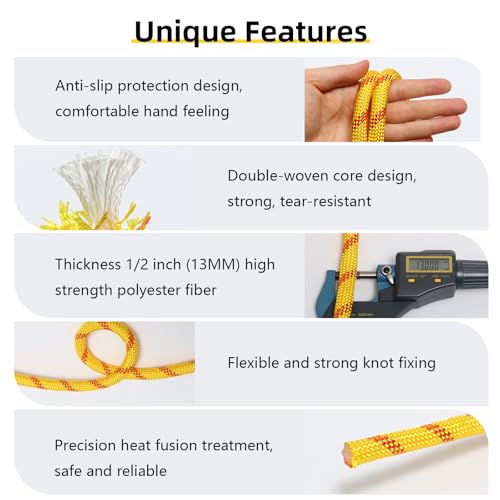 Arborist Rope, 1/2 Inch x 200 Feet Double Braided Climbing Rope Polyester for Outdoor, Climbing, Hiking, Swing, Tree Work, Halyard, Sailing etc(Yellow) - size: 1/2 Inch 200FT Yellow