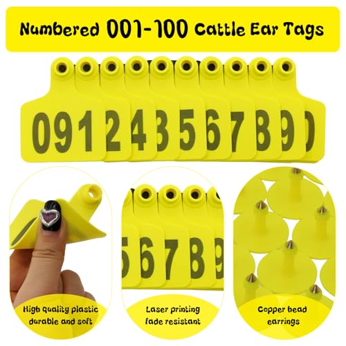 Cattle Ear Tags 101-200 Numbered Large Plastic Livestock Ear Tag,Yellow | L3''×W2.5'' Fit Sheep Calf Goat Pig,Animal Id Tags For Ranch & Farm Herd Tracking, Laser Print Fade-Resistant, Copper Head - color: Yellow, size: 101-200