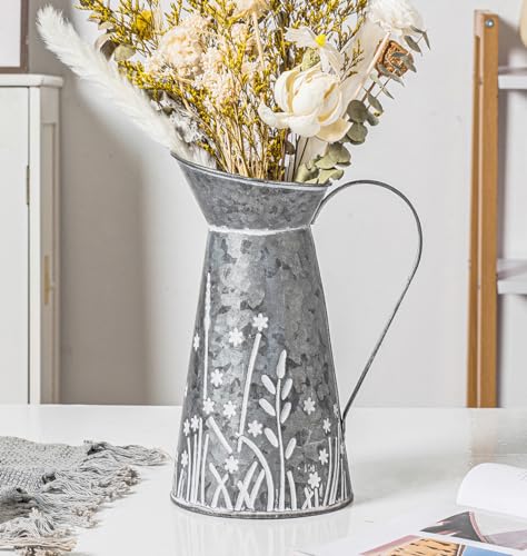 Vintage Galvanized Metal Pitcher Vase, Farmhouse Rustic Flower Vase with Handle, Decorative Floral Milk Jug Vase for Home Décor, 10.8’’H - color: Floral Milk Jug