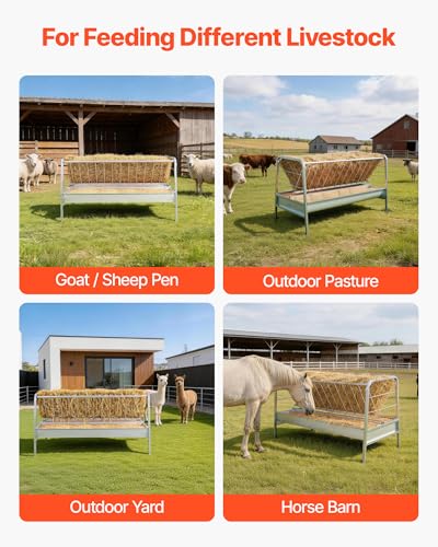 VEVOR Livestock Hay Feeder, 2 in 1 Grain & Hay Feeder, 80-Gallon Capacity, 57.9" Long Goat Pasture Feeding with Deeper Feeding Pan, Heavy Duty Steel Grain Holder for Sheep Sheds, Farms, Horse Barns - size: 57.9 x 27.6 x 34.1 in