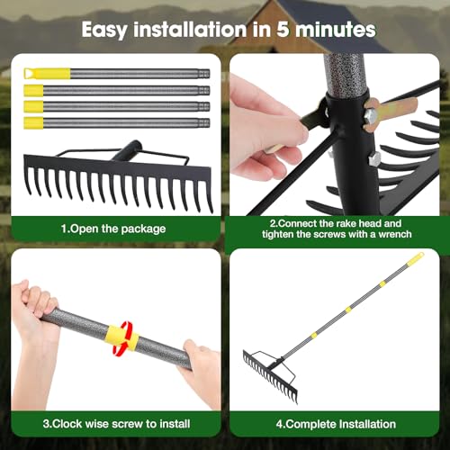 Heavy Duty Metal Bow Rake for Lawn , 17 Steel Tines Garden Rake | 17 Inch Wide, 35"-67" Adjustable Long Handle, Ideal Garden Tool for Soil Leveling, Leaf Gathering & Lawn Care