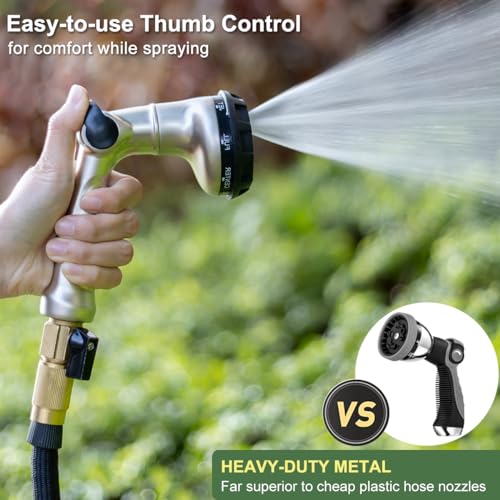 FANHAO Thumb Control Garden Hose Nozzle Heavy Duty Metal, 8 Spray Patterns | Rustproof Zinc Alloy Water Hose Sprayer, High Pressure, Non-Slip Ergonomic Grip for Lawn & Plant Watering, Car & Pet Washing - color: Silver