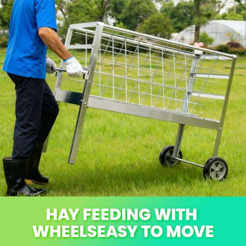Rolling Hay Feeder with Grain Trough for Goats and Sheep 2 in 1 Freestanding Livestock Cart on Wheels Heavy Duty Galvanized Steel Construction Easy Move Across Pasture or Barn Floor