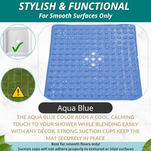 ENKOSI Square Shower Mat – 21 x 21 Inch Non-Slip Bathroom Shower Stall Mat with Suction Cups and Drain Holes – Anti-Slip Bathtub Shower Mats for Inside Shower (21x21 Aqua Blue) - color: Aqua Blue
