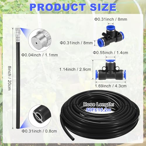M METERXITY 1-Set Drip Irrigation System, 50Ft 5/16" Hose Garden Watering Misting System with 16pcs 360° Adjustable Copper Nozzles for Greenhouse/Yards/Lawn, Atomizing Watering Accessories - color: Black + Silver Tone, size: 50Ft 5/16"