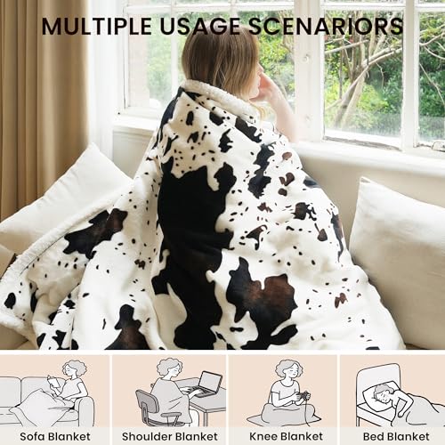 Heated Blanket Throw Blanket - Fast Heating Electric Blanket, Soft Heated Throw with 4 Time Settings,10 Heating Settings, Warm Gifts for Women Mom Grandma(50" x 60" Cow Print White) - color: 01 - Black Ombre-white, size: Throw 50" x 60"