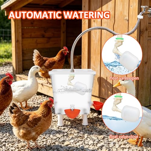 Automatic Chicken Waterer with Float Valve 3 Gallon Poultry Water Dispenser | Elevated Self-Filling Water Feeder Cup for Hens, Ducks, Quails Chicken Coop