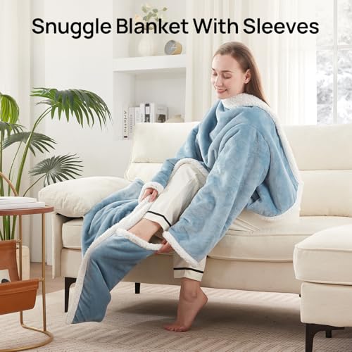 Westinghouse Wearable Heated Blanket with Foot Pocket, 50x70+18 Light Blue | Electric Snuggle Throw with Foot Pocket, Flannel Sherpa 6 Heating Levels & 2-10 Hours Auto Shut Off, Home Office Use - color: Light Blue&ivory, size: 70*50" Heated Snuggle Blanke