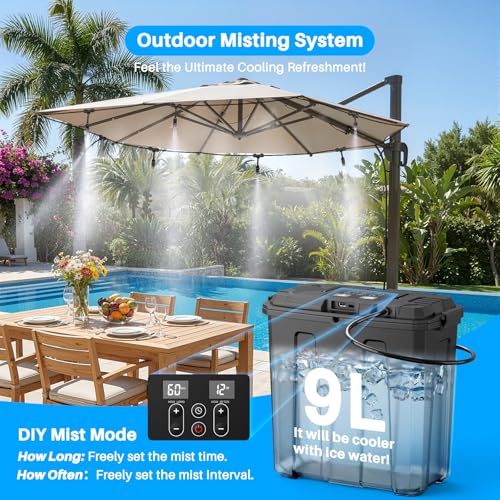 Portable Misting System, Outdoor Water Misters for Outside Patio Umbrella Cooling with Rechargeable Water Pump (Consecutive 8Hrs), 9L Bucket, 26FT Hose, for Tailgating, Camping, Canopy, Sport