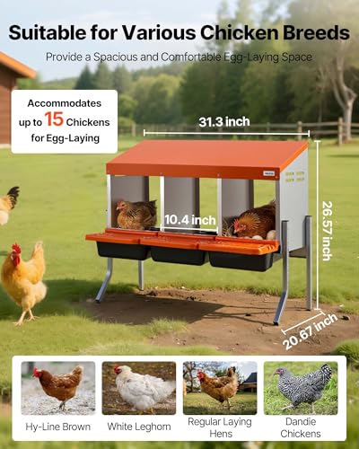 VEVOR Chicken Nesting Boxes, 3 Compartments, with Support Legs, Easy Egg Collection, Galvanized Steel and High-Strength Plastic, Roll Away Nesting Boxes for Chickens and Hens Laying Eggs, Orange