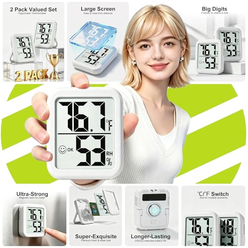 Antonki 2 Pack Room Thermometer Indoor Hygrometer | Monitor Temperature & Humidity, Accurate, Fast Read, Easy To View, Magnetic/Kickstand/Hanging, ℉/℃, w/ Battery, Compact - color: 2 Pcs * Classic White ( 90%+ Choice for Home )