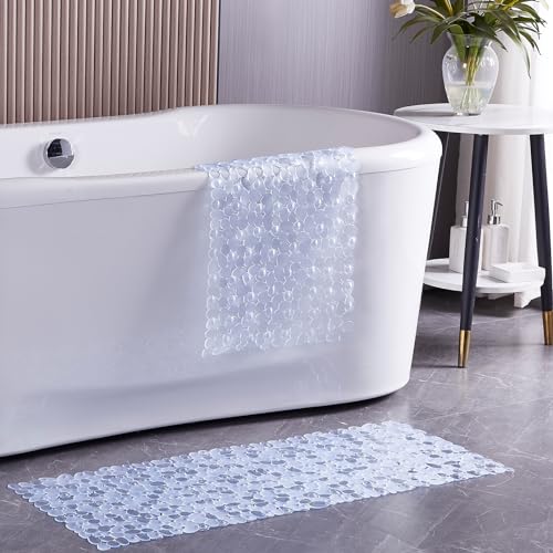 Webos Bath Shower Mat Non Slip: Extra Large Pebble Bathtub mat for Families, Anti Slip Shower Matt with Drain Holes Suction Cups Tub Mat - 16 X 40 Inch Clear - color: Pebble Clear
