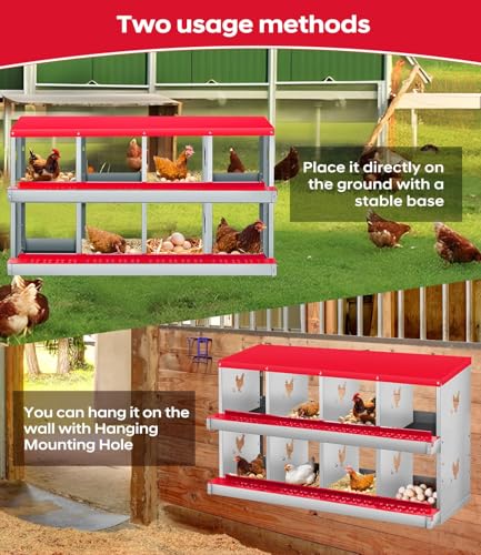 8 Compartment Chicken Nesting Box, Heavy Duty Metal Laying Box with Perch, Easy Assembly & Easy Clean for Outdoor Chicken Coop, Red - color: Red, size: 8 Compartment