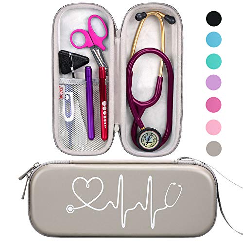 BOVKE Travel Carrying Case Compatible with 3M Littmann Classic III, Lightweight II S.E, MDF Acoustica Deluxe Stethoscopes - Extra Room for Medical Scissors EMT Trauma Shears and LED Penlight, Grey - color: Pu Leather_Grey