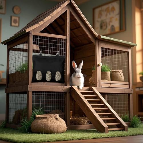 2PCS Rabbit Hay Feeder,3 Hole Hay Bag for Rabbits, Washable Hanging Small Animal Feeder for Guinea Pig Bunny Chinchillas Hamsters and Other Pets - color: Black