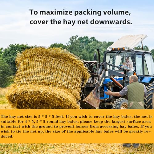 Round Bale Hay Net for Horses-5x5ft Size, Nylon Net with 1.75 Inch Holes | Thick & Durable Round Bale Hay Net for Horses - 5x5ft, Slow Feed Hay Nets for Horses and Goats - Healthier Feeding Solution