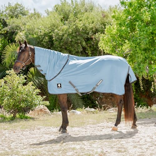 Equinavia Brisk Mesh Horse Fly Sheet with Neck Coverage, UV Protection | Cool Breathable Equine Fly Sheet for Horses, Horse Turnout Sheet Against Pests, Insects and Sun Exposure, Light Blue - color: Light Blue, size: 78 in
