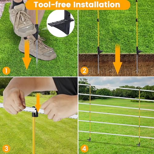 10 PCS Electric Fence Posts, 3/8" x 50" Step in Fence Post | 6 Wire Clips, Metal Ground Spikes, Easy Step-in Fiberglass Fence Posts for Temporary Electric Fencing, Farm Livestock, Garden - size: 50Inch-10PCS