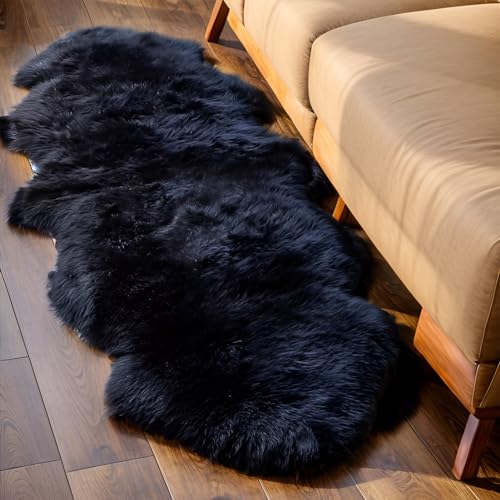 AOGELAN Fluffy Genuine New Zealand Sheepskin Rug Double Pelt/2'x 6' Black | Natural Fluffy Fuzzy Sheepskin Fur Area Rug,Chair Sofa Seat Cover,Living Room,Bedroom,Pets Dogs Mat,Pray Pup Mat,Yoga Mat - color: Black, size: 2' x 6' (Double Pelt)