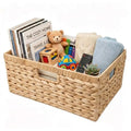 Wicker Storage Basket for Organizing, Handwoven Water Hyacinth Basket with Metal Frame & 3 Handles, 16.5"L x 13"W x 7.5"H