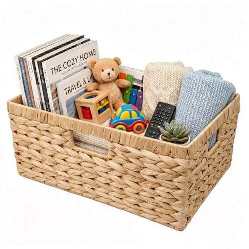 Wicker Storage Basket for Organizing, Handwoven Water Hyacinth Basket with Metal Frame & 3 Handles, 16.5"L x 13"W x 7.5"H