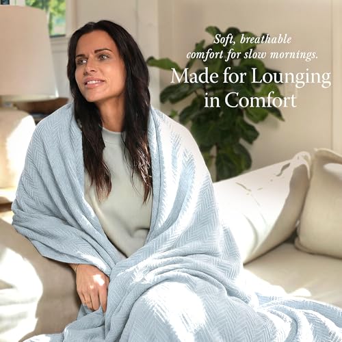 Threadmill Luxury Cotton Blankets for King Size Bed | All-Season Cozy 100% Cotton King Size Blanket | Herringbone Soft Fall Thermal Blanket fits Cal King Size Bed | Light Blue | All-Season Thermal Blanket, Soft & Breathable, Cozy Moisture-Wicking, OEKO-TE