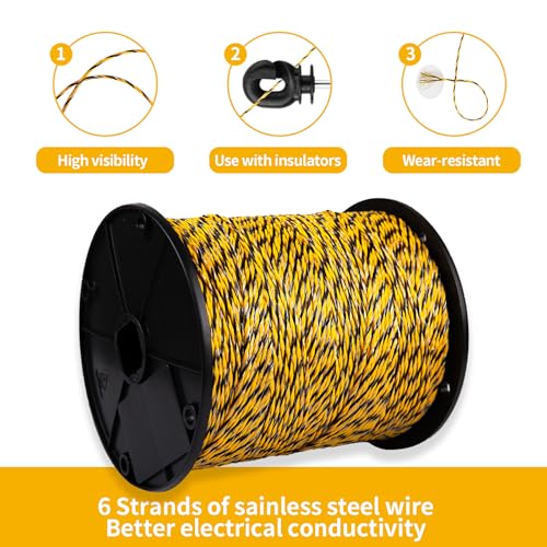 3280FT Electric Fence Polywire – 6 Stainless Steel Conductors, Portable Temporary Fencing for Horses, Goats, Dogs – UV Resistant, High Visibility for Livestock Containment - color: yellow and black, size: 3280 Ft