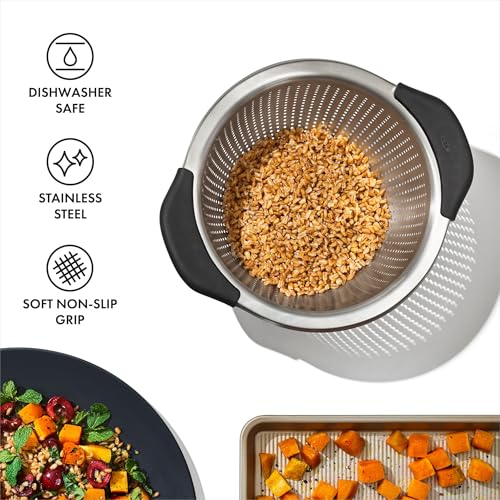 OXO Good Grips Stainless Steel 3 qt./ 2.8L Colander | Generous 5-quart capacity provides ample space for batch prep, with a self-draining solid ring base to prevent tips. - size: 3 Qt