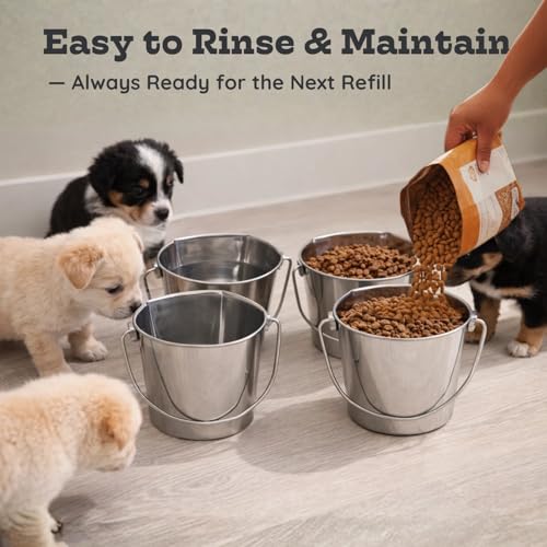 Flat Sided Stainless Steel Hanging Bucket, 1 Quart (0.25 Gallon), 4 Pack, Heavy Duty Kennel Cage Food & Water Pail for Small Dogs, Cats, Birds & Pets, Durable, Easy to Clean Feeder - size: 1 Quart (Pack of 4)