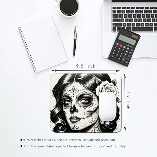 Day of the Dead Sugar Skull Woman Mouse Pad 9.5" x 7.9", Black & White Tattoo Art Cute Desk Mat - color: Floral Skull
