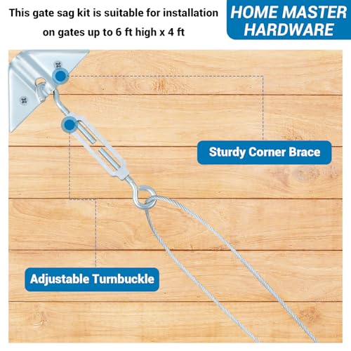 HOME MASTER HARDWARE 2 Pack Anti Sag Gate Kit for Wooden Fence Repair, Zinc Plated Steel, Anti-sag Gate Hardware Kit-Turnbuckle, Hooks, Heavy Steel Cable(7.5ft), Screws - color: Zinc, size: 2 Pack