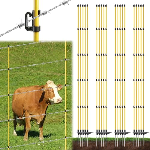80 Inches Electric Fence Posts Fiberglass Step-in 20 Pack, Temporary Fence Stakes with Adjustable Clips for Livestock, Garden, Farm Protection