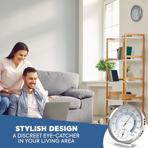Analog Hygrometer – Thermometer Hygrometer for Indoor – Premium Stainless Steel Humidity Gauge Indicator – Temperature and Humidity Monitor – Battery Free Operation – Ø 12.5 cm
