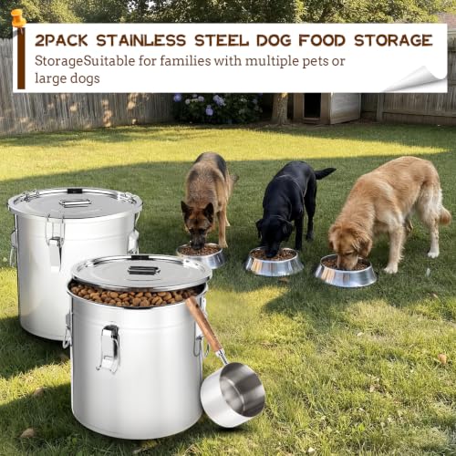 Lounsweer 2 Pack 8.9+5.5 Gal Stainless Steel Dog Food Storage Container with Lid and Locking Clamp 33L+21L Metal Airtight Container Large Stainless Steel Bucket with Food Scoop for Pet Feed - size: 21L+33L