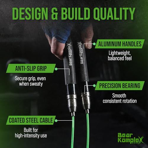 Bear KompleX Speed Jump Rope - Adjustable Tangle-Free Skipping Rope, Lightweight Handles, Smooth 360° Swivel Bearings, 2 Steel Cables, Free Carrying Case - color: Black/Green