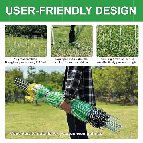 2 Pack Premium Electric Semi-Rigid Fence Netting 35.4"H x 98.42'L, Pre-Assembled Posts Raised to 47.2"H, Can Add Additional Polywire to Ensure Safety for Backyards,Homesteads,Gardens,Farms,and Ranches - size: Length 98.4 ft x 2