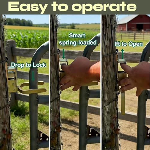 Heavy Duty Gate Latch for Farm & Ranch Gates, One Hand Automatic Spring Lock, Instant Self Locking Gate Latch for Metal Pipe, Wood & Backyard Fence Gates, Rust Resistant Easy Install