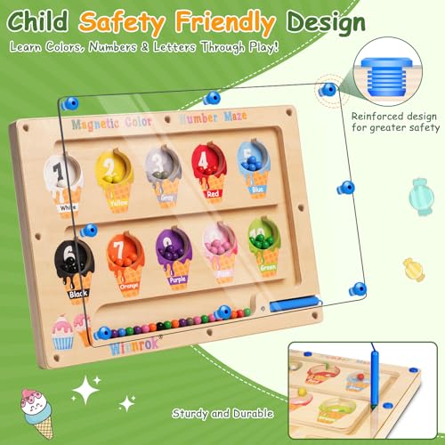 2 in 1 Magnetic Color and Number Maze, ABC Alphabet Puzzles Board Magnet Ice Cream Toys, Montessori Educational Magnet Puzzle, Preschool Learning Counting Toys for 2 3 4 5 Birthday Gifts